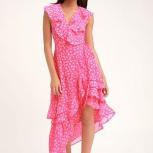 Lulu's Pink Floral Midi Wrap Dress